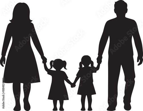 Silhouette of a family parents holding hands with two daughters representing unity and togetherness isolated on white background
