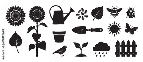 Collection of black gardening and nature icons with a rustic, hand-drawn linocut style, including a sunflower, watering can, bee, and trowel for farming or hobby concepts