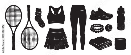 Black grunge silhouette collection of tennis equipment and sportswear with racket, ball, skirt, leggings, and sports bra in a hand-drawn stamp style illustration set