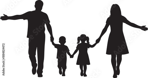Silhouette of a happy family with two children walking together representing unity and togetherness isolated on a white background