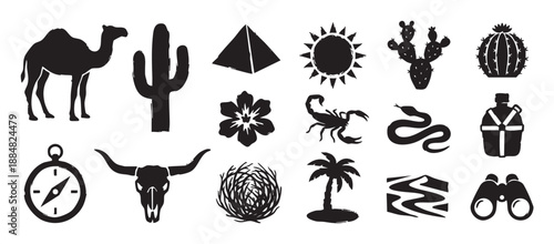 Collection of black desert adventure icons featuring a camel, cactus, pyramid, scorpion, sun, and compass in a rough, hand-drawn stamp illustration style