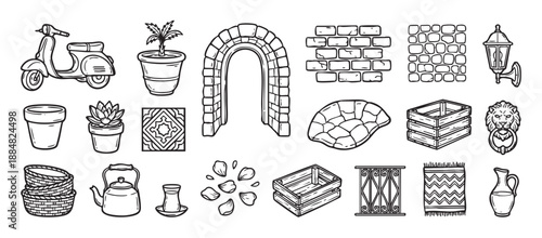 Collection of hand-drawn Mediterranean style icons featuring a vintage scooter, stone arch, pottery, and rustic elements in a black and white line art doodle illustration
