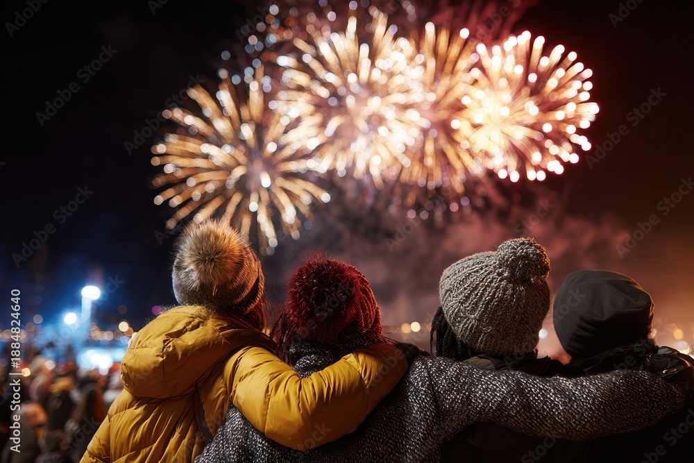 Obraz premium Friends watching fireworks at night