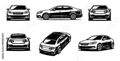 Car Icon Set – Black Sedan from Multiple Views (Front, Side, Rear, Top, 3D Angle)