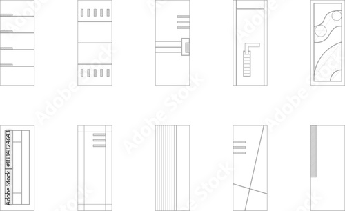 A comprehensive vector line art collection of modern interior door panels and cabinet fronts, featuring intricate geometric grids, minimalist linear patterns, creative glass inserts, and abstract cont