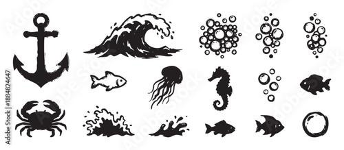 Set of hand-drawn black nautical elements featuring an anchor, ocean wave, fish, jellyfish, seahorse, crab, and bubbles with a rough, grunge texture