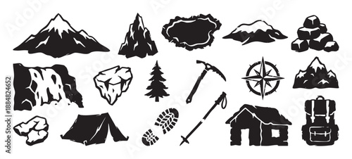 Collection of black mountain climbing equipment icons featuring a backpack, tent, compass, and ice axe in a rugged, hand-drawn stamp or linocut illustration style for adventure themes