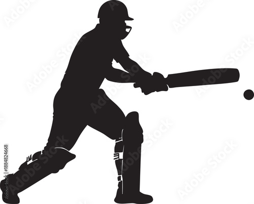 Silhouette of a cricket batsman hitting a ball dynamic action illustration for sports and game design isolated on white