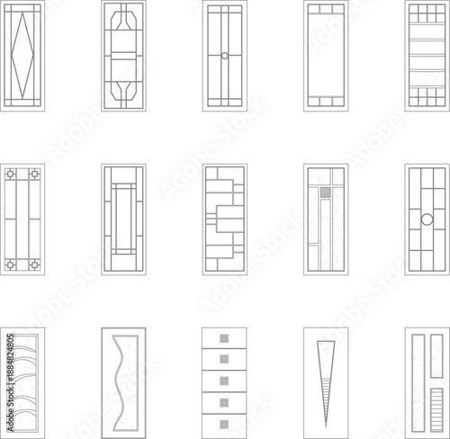A comprehensive vector line art collection of decorative door panels and cabinet fronts, featuring elegant geometric glass grids, classic recessed molding, vertical slat textures, and modern abstract 