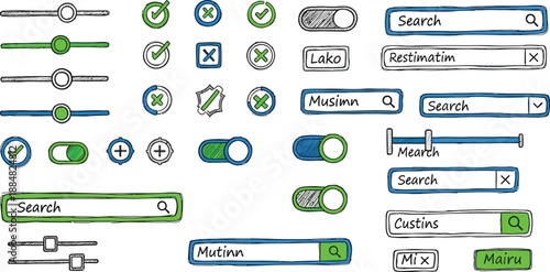 Hand-drawn user interface elements including toggles, checkboxes, and search bars are displayed against a white background for web design.