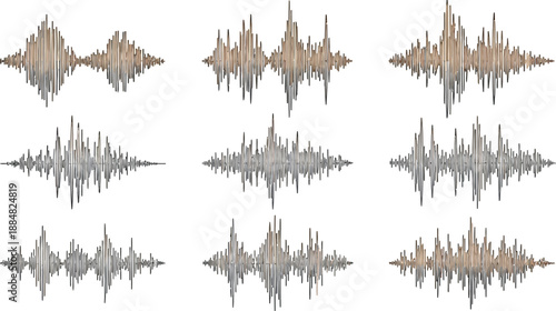Nine distinct sound wave forms are presented in three rows using textured lines in shades of gray and tan against a white background.