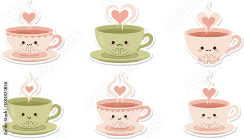 Six cute kawaii teacups with saucers display steaming beverages, each emitting a heart shape from the rising steam.
