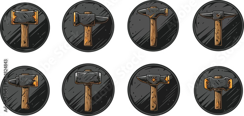 Eight stylized icons display various types of blacksmith hammers arranged in two rows against dark circular backgrounds.