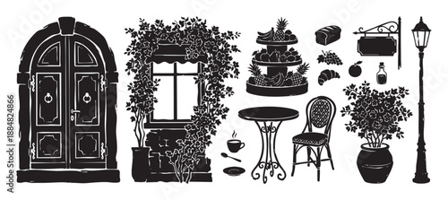 Collection of hand-drawn street cafe illustrations in a vintage, graphic linocut style, featuring a door, window, bistro table, chair, food, and a lamppost