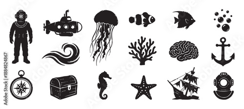Collection of black nautical icons featuring a vintage diver, submarine, jellyfish, fish, and anchor in a hand-drawn, rustic stamp style for maritime and adventure themes