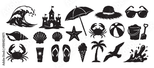Collection of black beach vacation icons with a hand-drawn brush stroke texture, featuring a wave, sandcastle, crab, palm tree, and other summer holiday symbols