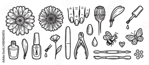 Set of hand-drawn manicure and nature icons including nail polish, clippers, flowers, a bee, and a butterfly in a black and white doodle style for beauty salon concepts