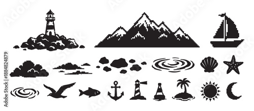 Set of black monochrome icons and symbols representing nature, sea, and travel themes, including a pixelated mountain, a lighthouse, sailboat, anchor, and seashell