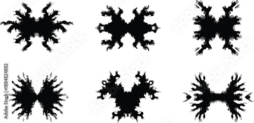 Six symmetrical black inkblot patterns are displayed against a stark white background for psychological testing or abstract design.