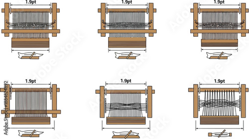 Diagrams illustrate six stages of traditional wooden loom operation with measurements indicated by dimension lines.
