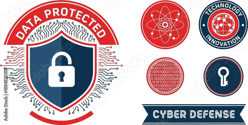 A group of security and technology emblems showcases a large shield with a padlock and circuit board elements for data protection.