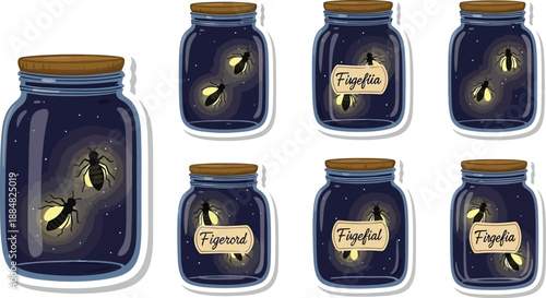 A collection of dark glass jars contains glowing fireflies against a night sky background, labeled with variations of the genus name.