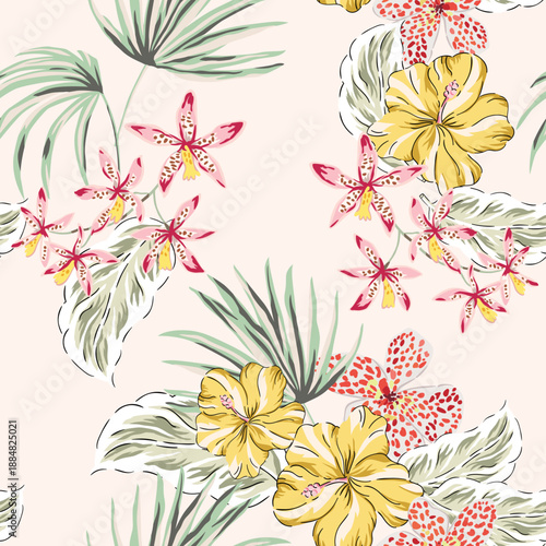 Tropical yellow hibiscus, orchid flowers, palm leaves, blush  background. Vector seamless pattern. Jungle foliage illustration. Exotic plants. Summer beach floral design. Paradise nature