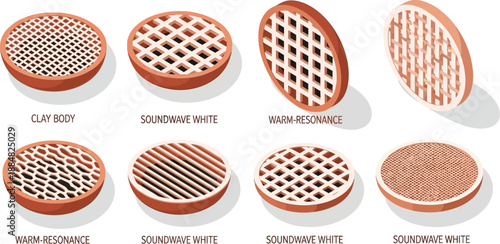 Eight isometric views of round clay soundwave resonators illustrate variations in material and pattern design.