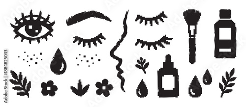 Black grunge and pixelated icon set of beauty and makeup elements including an eye, lashes, eyebrow, brush, and cosmetic bottles in a hand-drawn doodle style