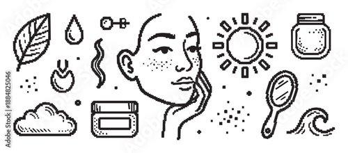 Collection of black pixel art icons for skincare and beauty routines, featuring a face, cream jars, sun, leaf, and mirror in a retro 8-bit monochrome doodle style