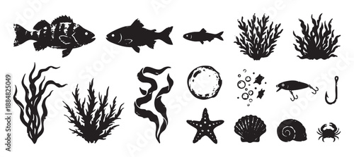 Collection of black grunge marine life icons featuring fish, seaweed, crab, starfish, and seashells in a hand-drawn, stamp-like style with fishing lure and hook elements