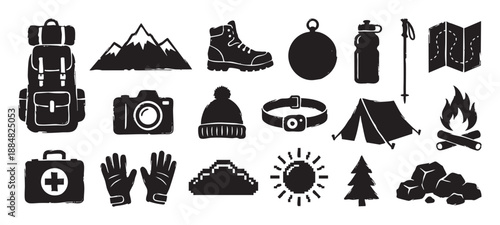 Collection of black hand-drawn hiking and camping equipment icons including a backpack, tent, boot, campfire, and mountain in a rustic grunge silhouette illustration style