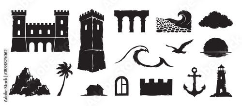 Set of black grunge silhouette icons featuring a castle, tower, lighthouse, anchor, wave, and mountain, depicted in a distressed, rustic stamp or woodcut illustration style