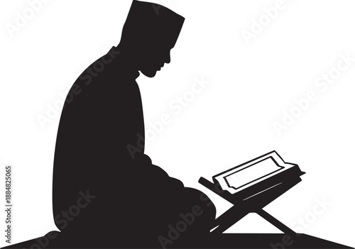 Silhouette of a Muslim man praying on a rug with a Quran on a stand representing Islamic faith and devotion isolated on white background