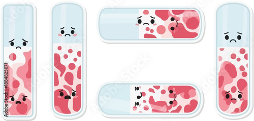 Four cartoon test tubes containing sad, unhappy liquid samples represent concepts of disease diagnosis or poor laboratory results.