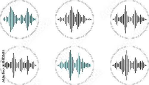 Six circular icons display various teal and gray audio waveforms representing sound frequency patterns.