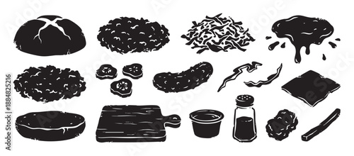 Collection of black and white burger ingredients in a hand-drawn stamp style shows a bun, patty, cheese, pickle, lettuce, bacon, and sauce for creating a custom sandwich