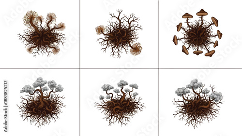 Six stylized illustrations depict fantasy tree root structures with various fungal or cloud-like crowns against a white background.