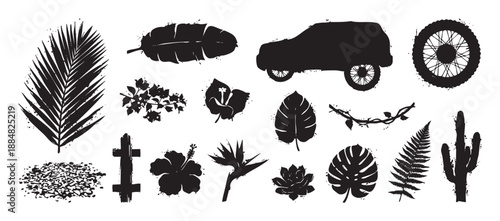 Collection of black grunge travel silhouettes including a car, wheel, tropical leaves, flowers, and a cactus, featuring a distressed ink stamp texture for adventure themes