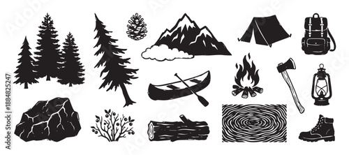 Collection of black hand-drawn camping icons including a tent, campfire, mountain, and pine trees in a rustic linocut style for outdoor adventure themes