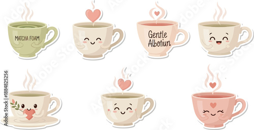 A collection of cute, steaming beverage cups featuring happy faces and small heart decorations are illustrated on a white background.