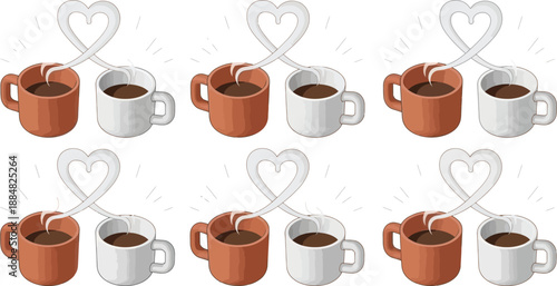 Six pairs of steaming coffee mugs, alternating brown and white, form heart shapes with their vapor trails.