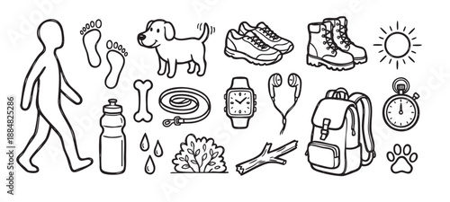 Hand-drawn black and white doodle icons set for walking, hiking, and outdoor activities with a dog, including a backpack, boots, pet, and fitness gear in a simple line art style