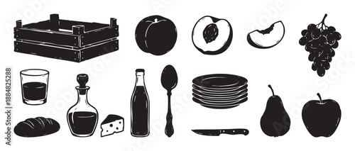 Set of black and white food illustrations featuring fruit, bread, cheese, drinks, and tableware in a rustic, hand-drawn sketch style for graphic design elements