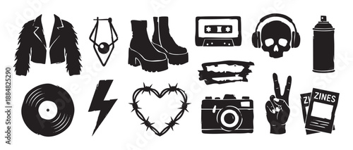 Collection of black punk rock icons and symbols in a hand-drawn silhouette style, including a fringed jacket, platform boots, vinyl record, and a skull with headphones