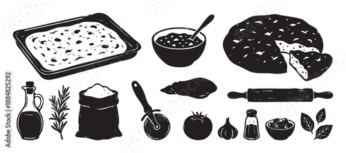 Set of hand-drawn pizza making icons in a rustic black and white style, featuring ingredients like dough, flour, and tomato with tools like a rolling pin and cutter