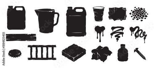 Set of black grunge urban icons featuring industrial objects, trash elements, and graffiti drips like canisters, bottles, and paint splatters in a hand-drawn stencil style
