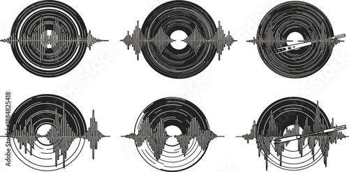 Six circular visualizations display abstract representations of sound waves and audio frequencies in dark monochrome tones.