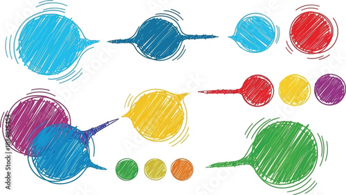 Multiple colorful speech bubbles and circular shapes featuring a scribbled, hand-drawn texture overlap and align on a white surface.