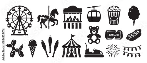 Collection of black carnival amusement park icons featuring a ferris wheel, carousel, popcorn, and circus tent in a simple, rustic stamp-style graphic design illustration